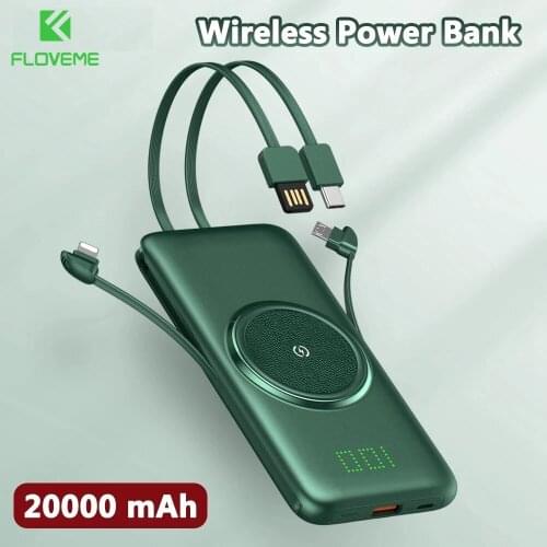 20000mAh Power Bank Biult in 4 Cable Digital Display Wireless Charger For iPhone 12 Xiaomi 10000mAh PowerBank External Battery