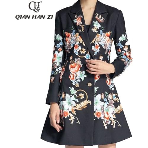 Qian Han Zi runway Women jacket Long Sleeve Retro Amazing Flower Print Slim Double Breasted Jacket Winter Warm Overcoat