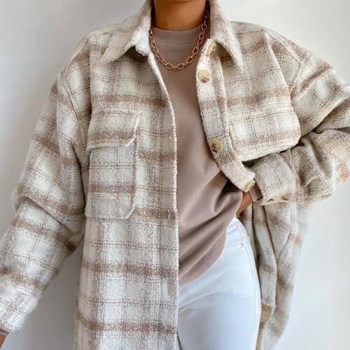 Women Jacket Vintage Plaid Blouses Overshirt Autumn Winter Female Coats Fashion Loose Tops Khaki Oversize Outwear Mujer Chaqueta