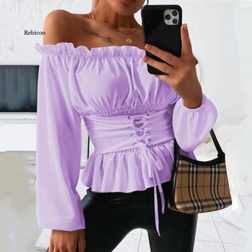Women Autumn Solid Off Shoulder Blouse Shirt Sexy Slash Neck Long Sleeve Lace Up Corset Blouses Fall
