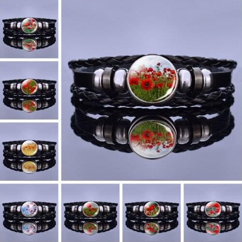 Poppy Pattern Bracelet Black Leather Woven Bracelets Art Picture Glass Cabochon Jewelry Bangle Fashion Punk Men Bracelet Gift