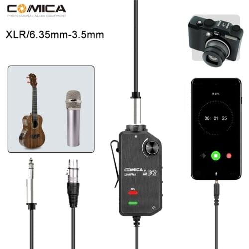 Comica LinkFlex AD2 XLR/6.35mm-3.5mm Audio Preamp Adapter Connector with Phantom Power for Smartphones Camera and Guitar