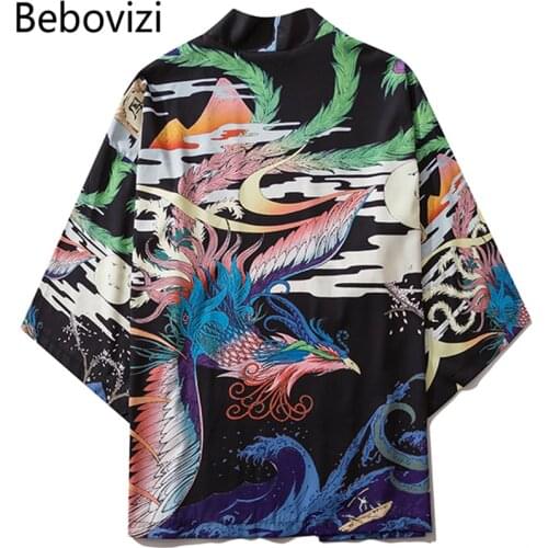Bebovizi Harajuku Japanese Phoenix Print Casual Kimono Streetwear Men Women Fashion Cardigan Chinese Style Thin Robe Clothes