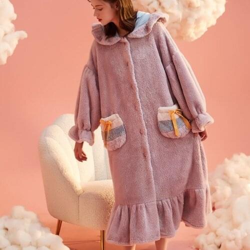 Coral Fleece Nightdress Womens Autumn Winter Night Gown Long Sleepwea Soft and Fluffy Sleepwear Cute Hooded Home Service Purple
