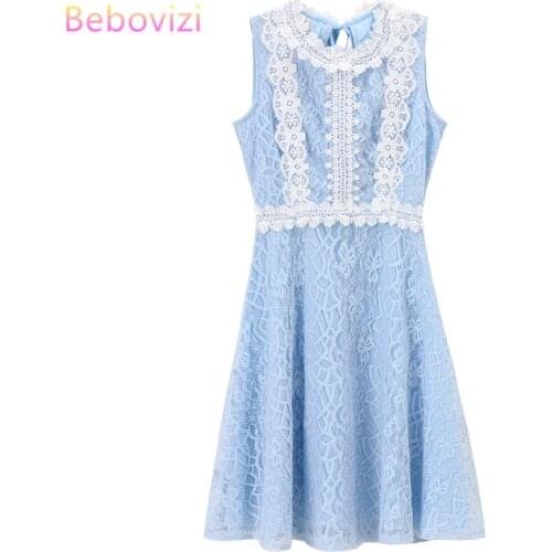 High Quality Blue Fashion Korean Sweet Youth Style Student Girls Sleeveless Lace Dresses Baby Collar Summer Woman Midi Dress