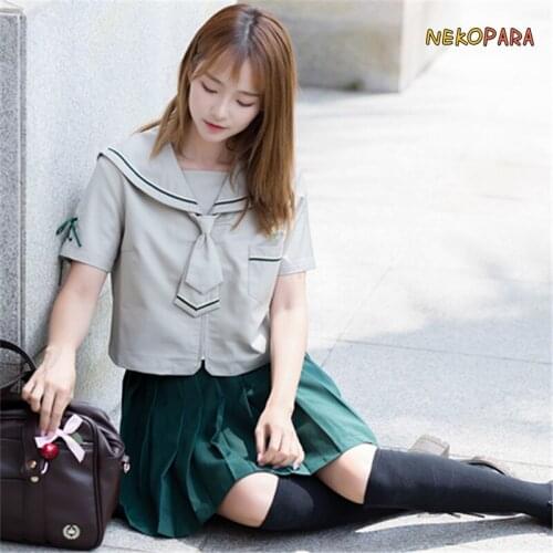 Lemon Summer Cute Japanese School Girls Uniform JK 2Pcs Set: Beige Short Sleeves Sailor Collar Blouse + Green Pleated Skirt