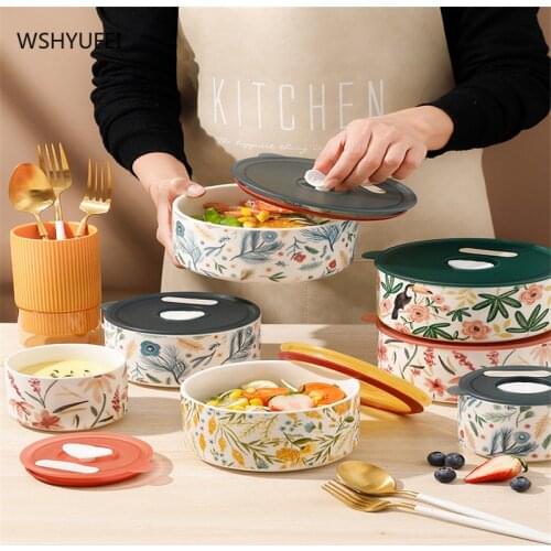 Fresh-keeping bowl with lid ceramic microwave oven heating lunch box office worker student fruit refrigerator fresh-keeping box