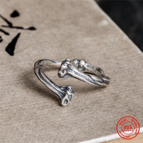 MKENDN 100% 925 Sterling Silver Bone Cross Thighbone Skeleton Punk Men Ring Silver Color Punk Fashion Biker Skull Jewelry