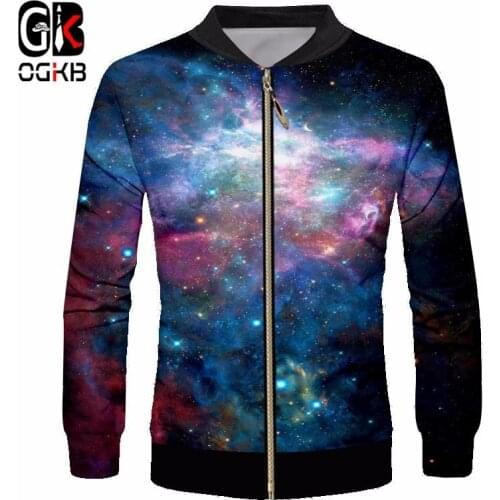 OGKB 2018 Spring Autumn Fashion Jacket Mens Stand Collar Casual Jackets Print Galaxy Space 3D Male Coat Man Coat Outwear Couple