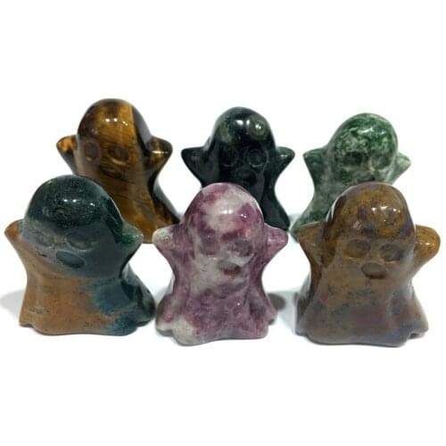 Natural Crystal rose Carved Ghost Statue Halloween Decoration Aesthetic Feng Shui Healing Crystal Witch Reiki Gift 46mm