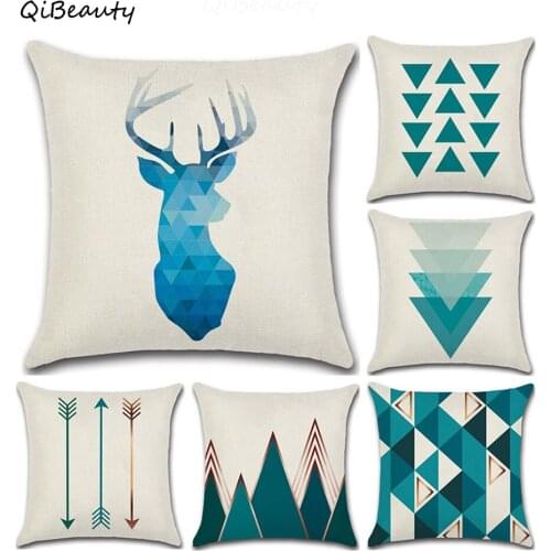 Blue Northern European-Style Geometry Rules Pillow Cover Arrowhead Deer Head Mountain Flax Digital Printing Throw Pillows