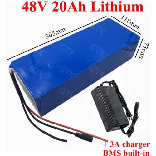 Rechargeable 48v 20ah lithium li ion 3.7V lipo battery pack with BMS for 1500w ebike momorcycle scooter power tools+3A charger