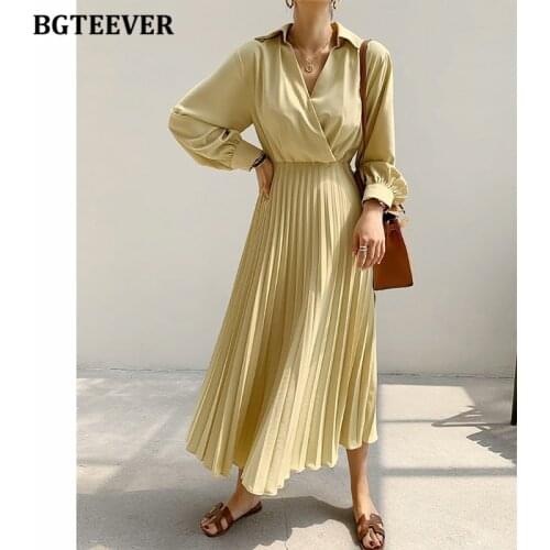 BGTEEVER Elegant V-neck Women Solid Dress Long Sleeve Pleated Vestidos Femme Slim Waist Summer Female A-line Dress 2021 Spring