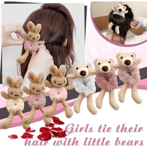 New Women Girls Cute Plush Bear Rabbit Scrunchie Ponytail Hair Tie Decorate Elastic Hair Accessories Headband Street Headwear