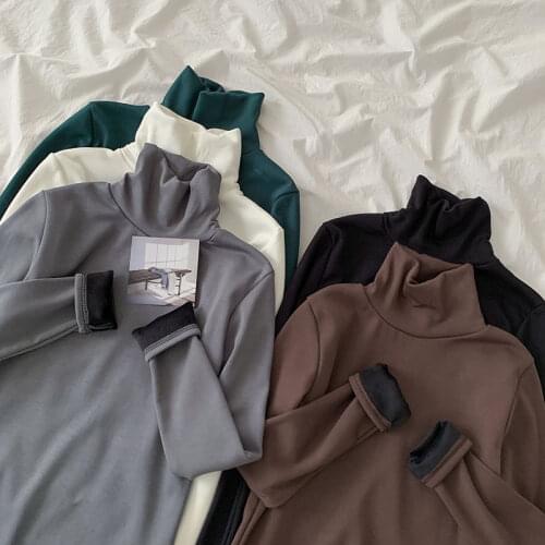 HELIAR Thick Fleece Turtle Neck Basic Shirt French Style Elgant Womens Top Solid Jumpers T-shirts Pullover Tee Shirt 2021