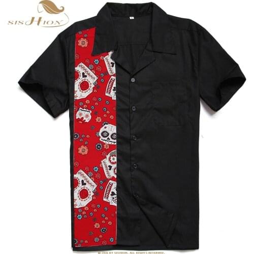 SISHION Black Men Shirts Dia De Los Muertos Skull Floral Print Button Up Mid-Century Inspired Men Shirts ST110 chemise homme