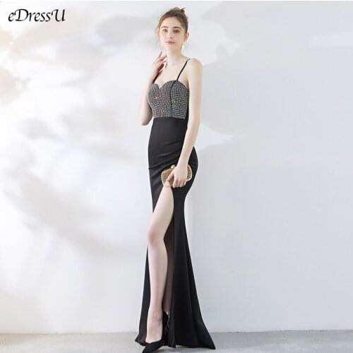 Sexy Split Evening Party Dress Glitter Mermaid Vestido de Fiesta Sequins Elegant Long Dress Spaghetti Formal Prom Dress YN-16188