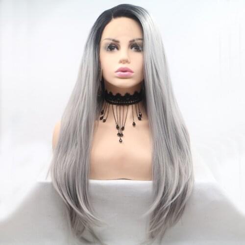 Silver Gray Wigs Natural Long Straight Synthetic Hair Lace Front Wigs Dark Roots Pre Plucked Cosplay Lace Frontal Wigs For Women
