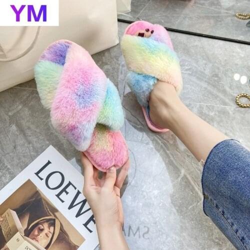 Hot Sale Women Slippers Rainbow Fur Slides Winter House Slippers 2021 Fashion Warm Indoor Shoes Ladies Soft Cross Slippers New