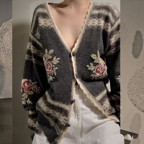Sweater Women 2020 Autumn New Womens Sweater V-neck Knitted Cardigan Heavy Flower Embroidery Computer Floral Office Lady Full