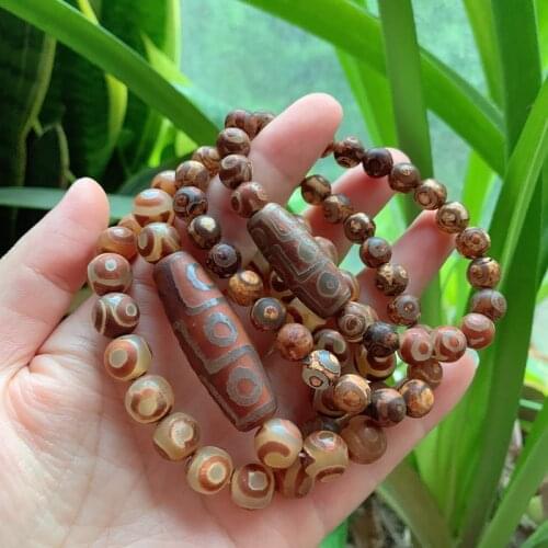 Vintage Energy Natural Tibetan Dzi Agates Bracelets 30mm Coffee Nine-eyed Agates Charm Three Eyed Round Ball Strand Bracelets