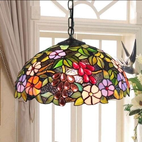 European-Style Grape Lantern American Pastoral Creative Tiffany Colored Glass Living Room Restaurant Art Hanging Lamp 40cm