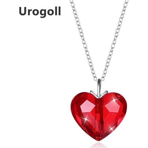 Fine Jewelry 925 sterling silver necklace Heart shape Red Pink crystal Pendant silver long Chain Necklaces for Women Jewelry