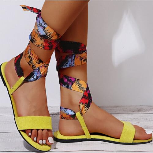 Women Gladiator Print Bandage Sandals 2021 Female Summer Beach Flats Ladies Casual Cross Tied New Shoes Woman Footwear Plus Size
