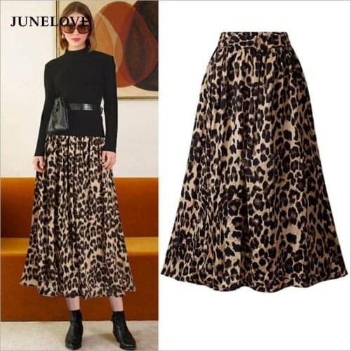 JuneLove Women Autumn Leopard Elastic Maxi Skirts Vintage Animal Print Female Long Skirts Casual Plus Size Lady Skirts Bottoms