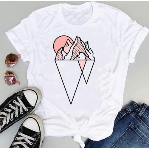 Women Cartoon Fashion Geometric Mountain Ladies Print Graphic Summer Short Sleeve Female Clothes Tops Tees Tshirt T-Shirt