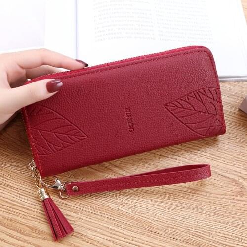 Women Embossed Leaves Long Wallet Female Pu Leather Tassel Solid Color Coin Purses Ladies Wristband Large Capacity Card Holder