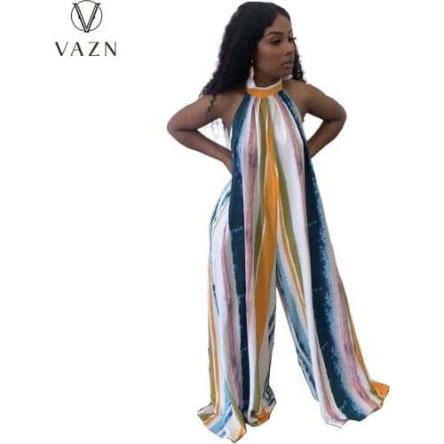 VAZN 2021 Vintage Spaghetti Strap Striped Print Slim Sleeveless Sexy Club Holiday Joker Women Loose Jumpsuits