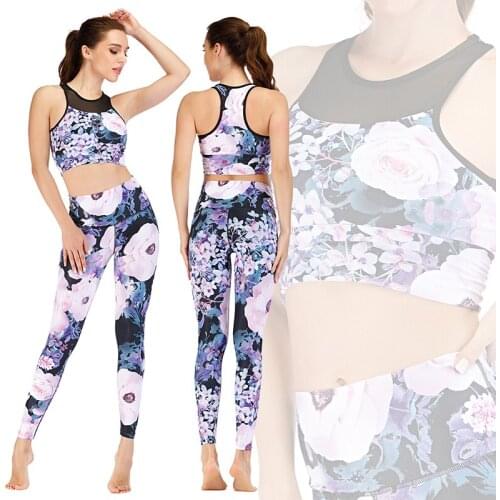 Plus Size Womens Yoga Set Mesh Sportswear Gym Running Clothes Floral Tracksuit Fitness Set Sport Suit Tank Top Pants Leggings