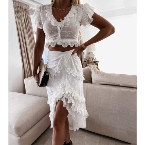 2021 Summer New Casual Ruffles Splicing Skirts Set Petal Sleeve V Neck Top & High Waist Skirt Two Piece Fashion Slim White Suits