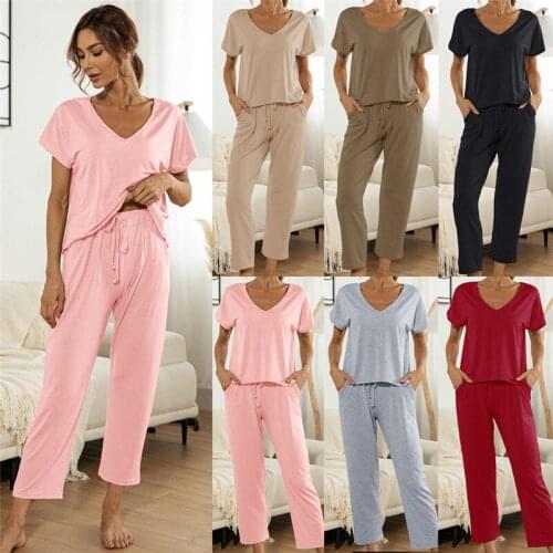 Women Summer Solid Color Casual Loose 2 Piece Set Drawstring Design Pockets Decor Mid Waist Long Pants+O-Neck Short Sleeve Top