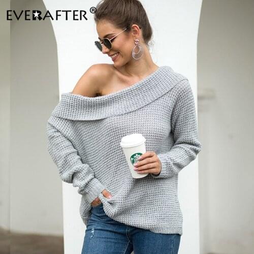 EVERAFTER Off shoulder knitted winter sweater women Slash neck long sleeve pullover sexy solid jumper Autumn loose basic knitwer