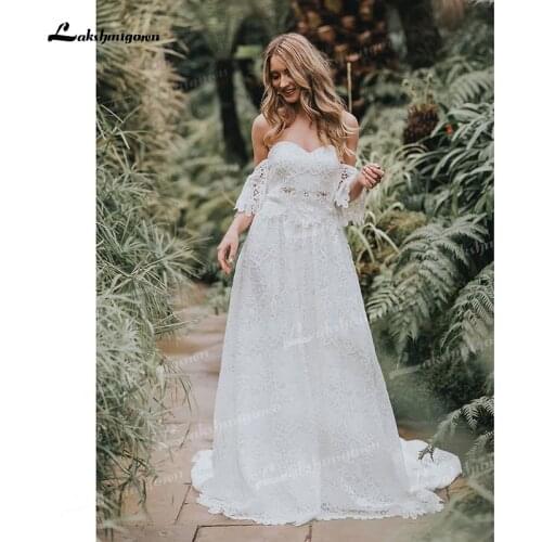 Two Piece Boho Long Wedding Dresses Sweetheart Neck Appliques Floor-Length Sweep Train Lace Short Sleeve vestidos de novia