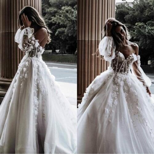 2021 Bohemian Long Wedding Dresses Sweetheart Illusion Top Long Sleeve vestido de novia Backless Off Shoulder Bridal Wedding Gow