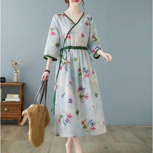 2021 New Arrival Print Floral Patchwork Fashion Women Summer Dress Cotton Linen Draw String Office Lady Work Dress Casual Dress