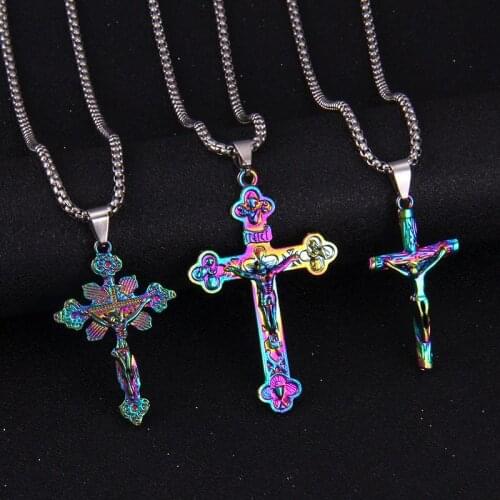 2021 Europe and America Colorful Cross Alloy Necklace Christian Jewelry Pendant Virgin Mary Catholic Men and Women Jewelry