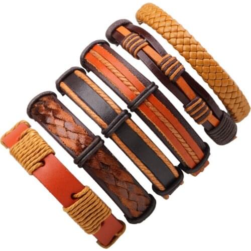 6pcs/set Boho Gypsy Hippie Punk Star Rivet Charm Brown Black Macrame Leather Cord Wrap Knot Layers Stacked Bracelets Set for Man
