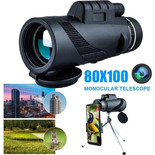 80x100 HD Monocular Telescope Zoom Tripod Portable Monocular Telescope Day/Night Vision Camping Phone Clip Outdoor Telescope