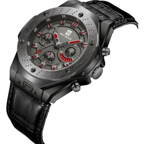 BEN NEVIS Big Mens Watches Chronograph Date Analog Quartz Wristwatch Montre Homme Leather Military Army Male Clock Tool BN6023G