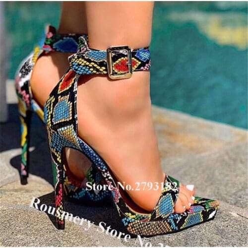 Western Fashion Pointed Toe Snake Leather Stiletto Heel Sandals Ankle Strap Buckle High Heel Sandals Club Dress Heels