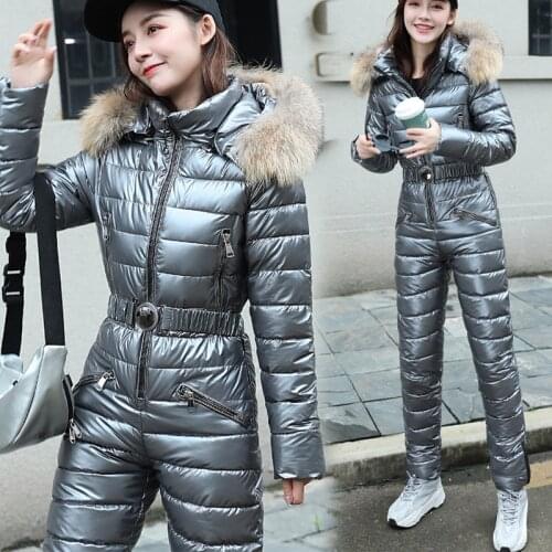 One Piece Ski Suit Women Jackets Winter Hooded Parka Jumpsuit Women Cotton bodysuit Sashes Jumpsuits Zipper Overalls Tracksuits