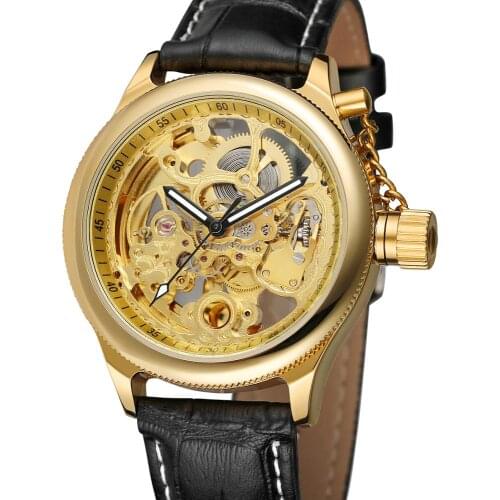 FORSINING Fashion casual mens watch gold round case and dial black leather strap automatic mechanical watch fesitival gift