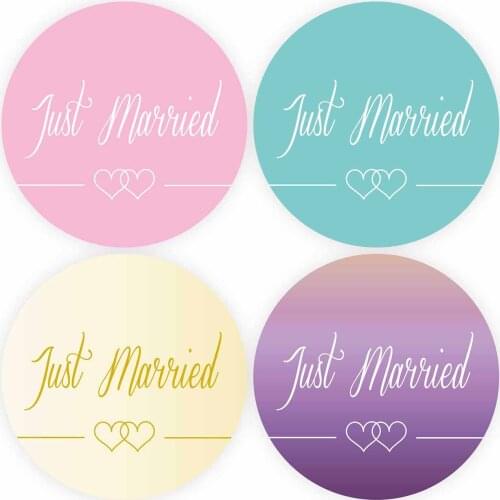 DouxArt 100 Pieces Just Married Stickers Seals, 4CM Colorful Double Heart Wedding Marriage Decoration Handmade Favors Labels