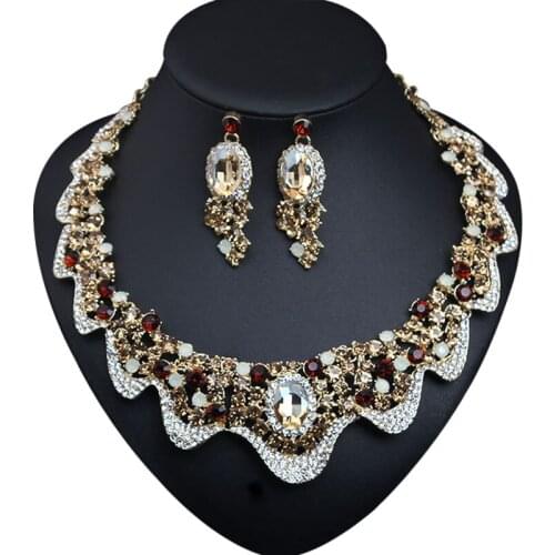 Elegant Bride Rhinestone Artificial Crystal Geometric Pendants Choker Bib Statement Necklace Dangle Earrings Jewelry Sets Women