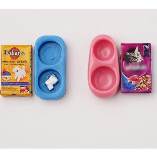 1 Set Cat Dog Food Tray Box Mini Simulation Pet Feeding Pan Model Dollhouse Miniature Decor 1/12 Doll House Play Accessories