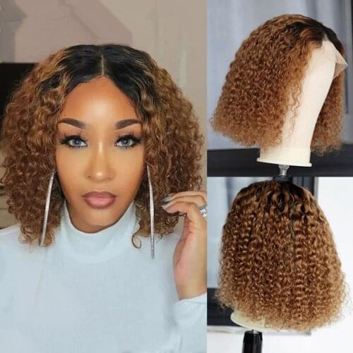 Ombre Short Bob Wig Curly Part Lace Human Hair Wig 1B/27 Color Brazilian Highlight Curly Lace Wig Baby Hair Pre Plucked Remy